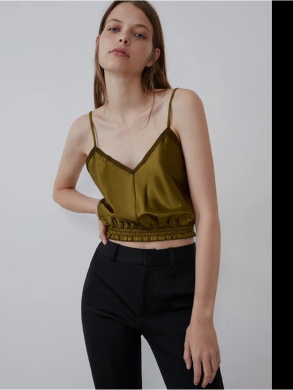 NWT Zara Olive Green Smocked Hem Cami Top Medium